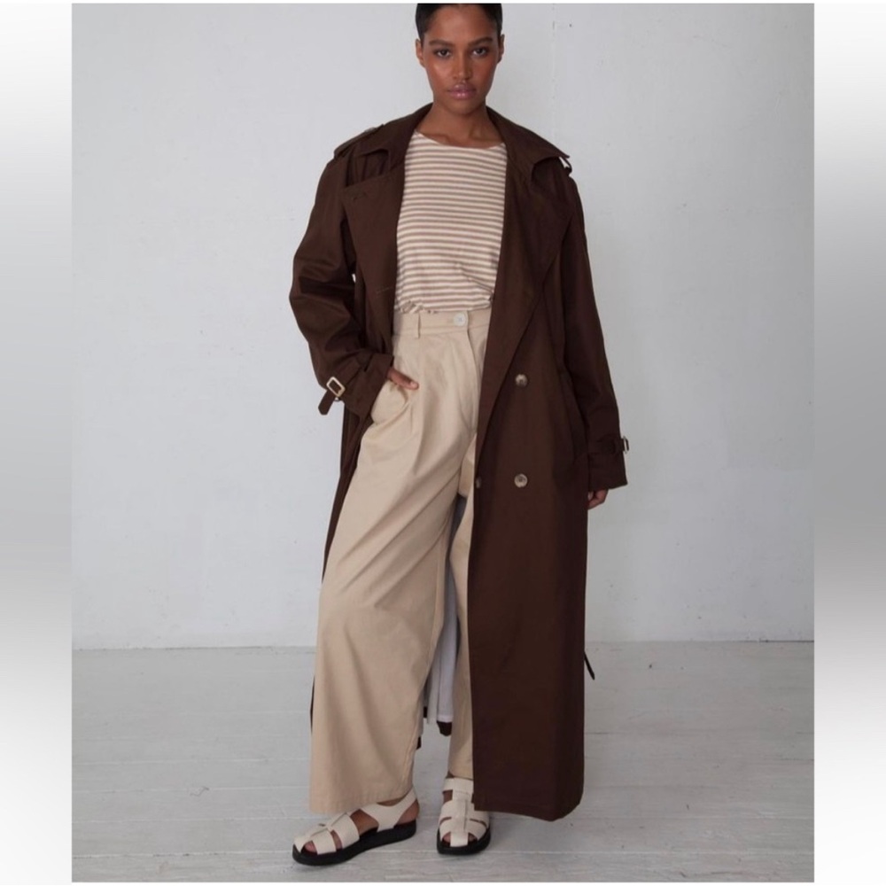 Brown Trench Coat with Beige Pants
